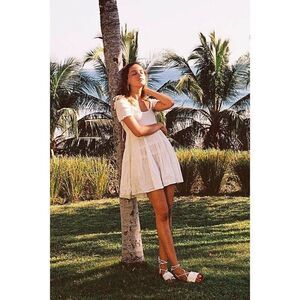 NEW FREE PEOPLE Sz XS HAPPY WITH YOU SMOCKED TIERED MINI DRESS IN IVORY WHITE